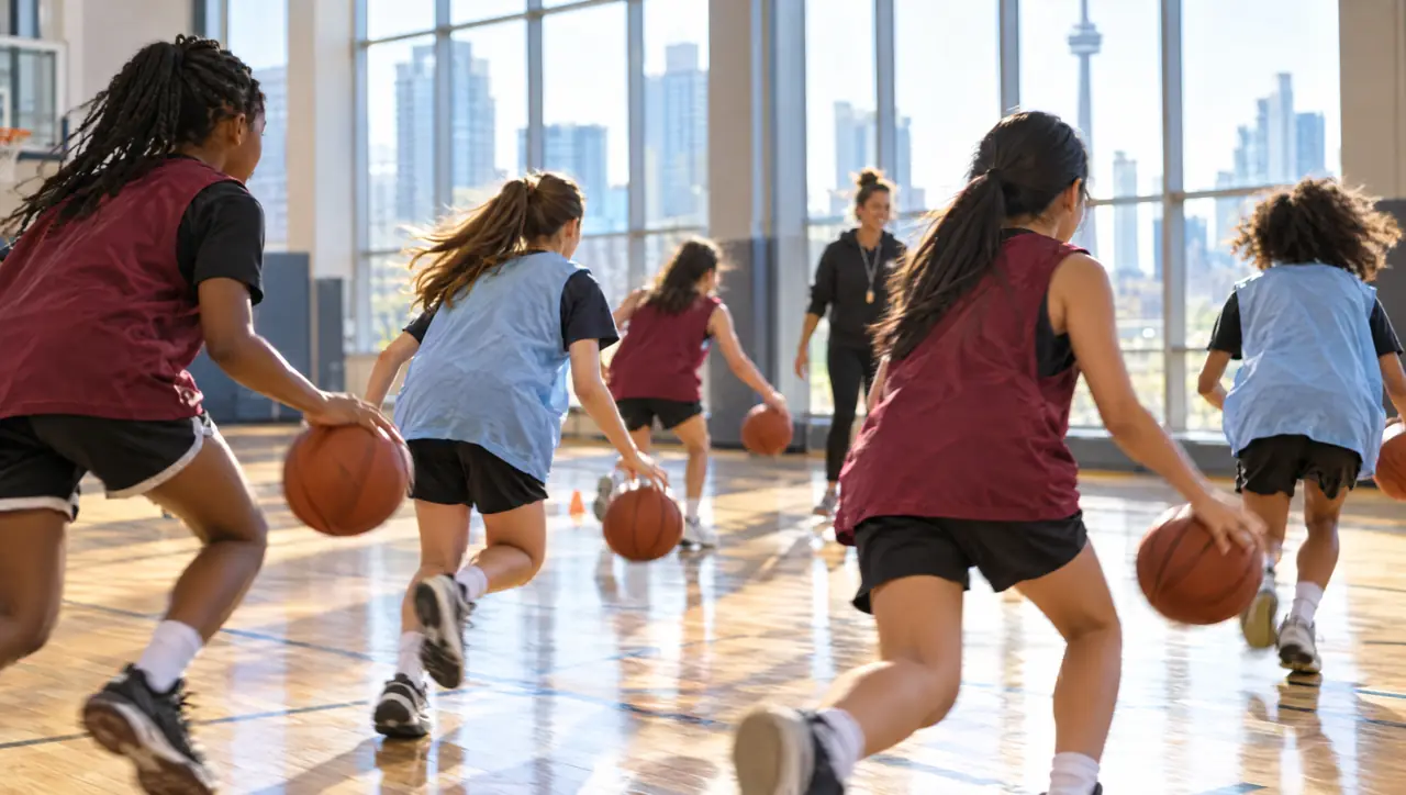 Girls running a dribbling drill in a Toronto gym
