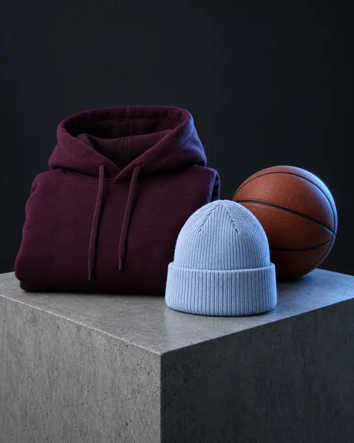 A bordeaux hoodie, a pale blue beanie and a basketball on a concrete plinth