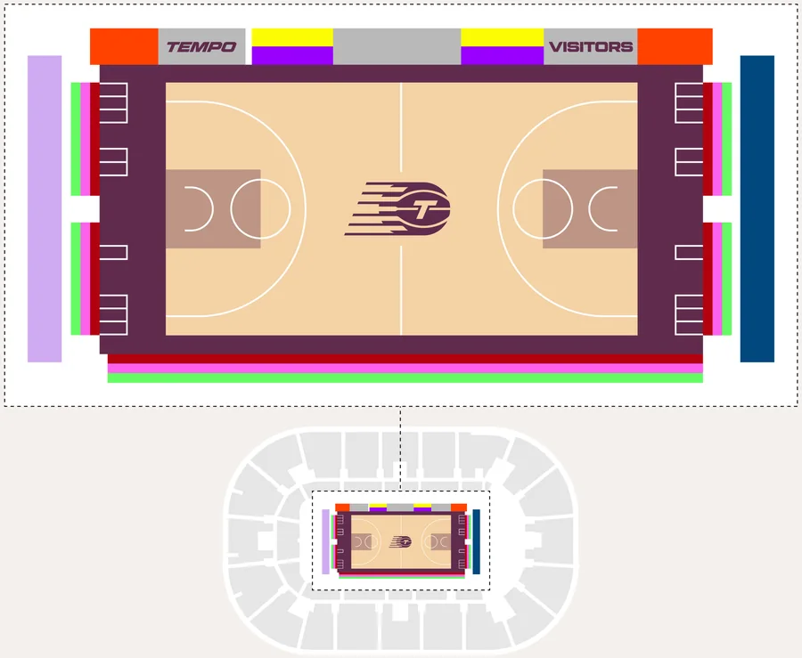 Premium seating map around the court at Coca-Cola Coliseum