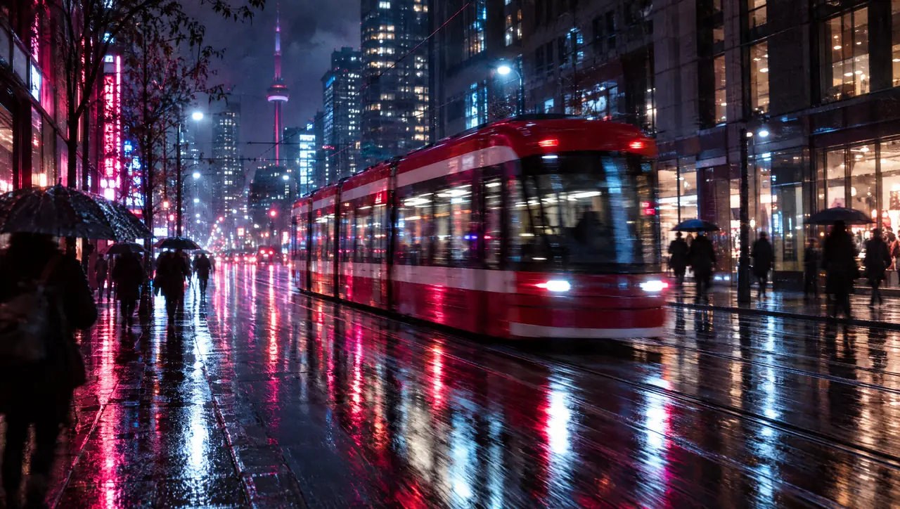 A red Toronto streetcar on a rainy street at night
